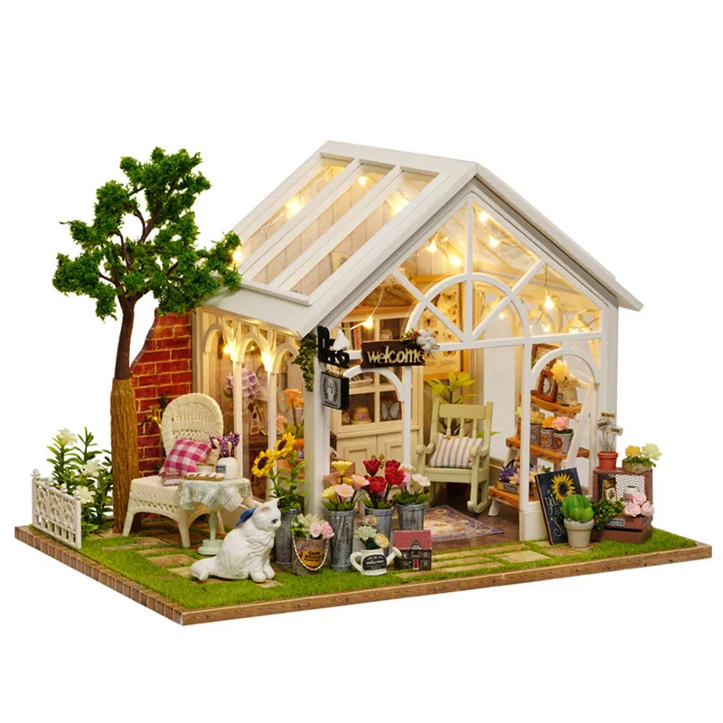 

3D Wooden Miniature Dollhouse Greenhouse Flower Shop Toys House Kids Simulation Furniture Assemble Doll Home Toys Lighting Gifts