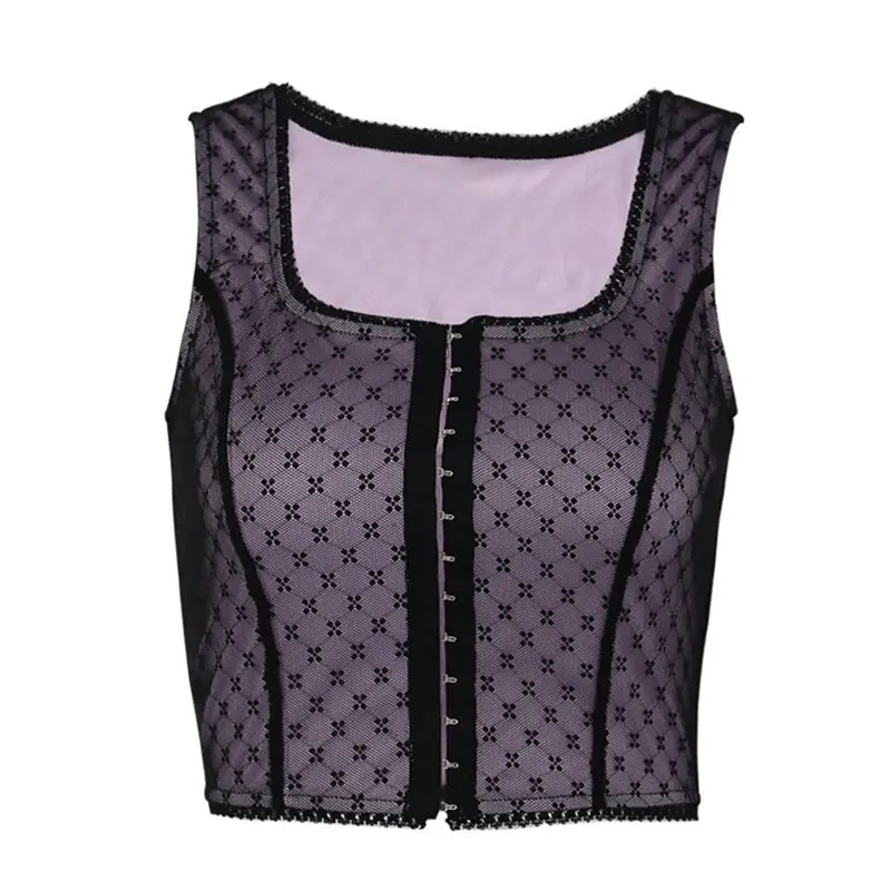 

Summer Crop Tank Top Women 2019 Sexy Lace Cami Gothic Streetwear Fashion Print Casual Black Slim Club Purple Mesh Tops Female