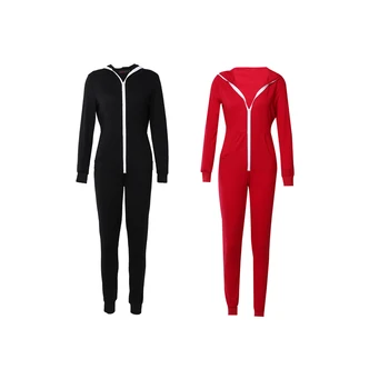 

Active Fashion Casual Women Solid Long Sleeve Zipper Hooded Pocket Skinny Show Thin 2 Style Jumpsuits