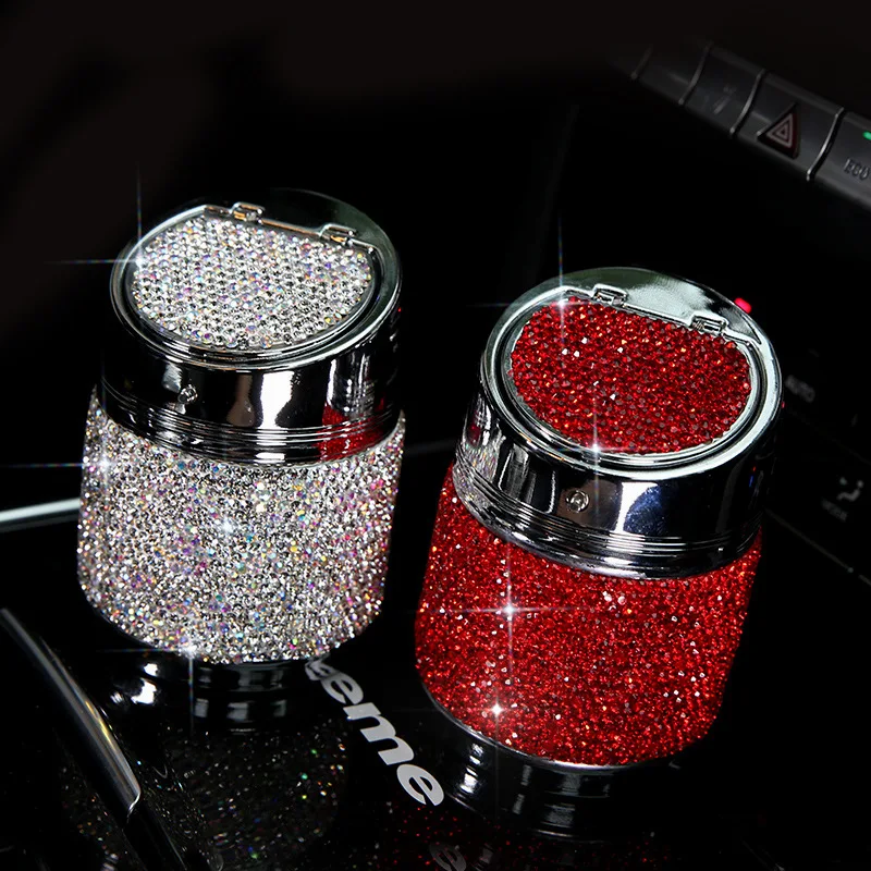 

Diamond Car Ashtray Holder Cup Portable Pink White Black Cigarette Ashtray With Cover For Car Auto Accessories Drop shipping