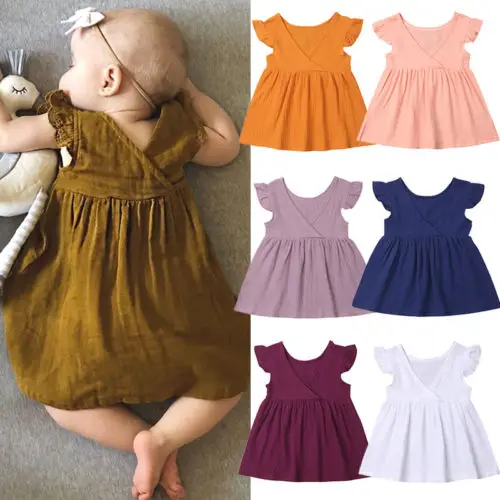 

Toddler 1-5Years Toddler Infant Kids Baby Girl Summer V-neck Solid Color Ruffle Party Dress Clothes