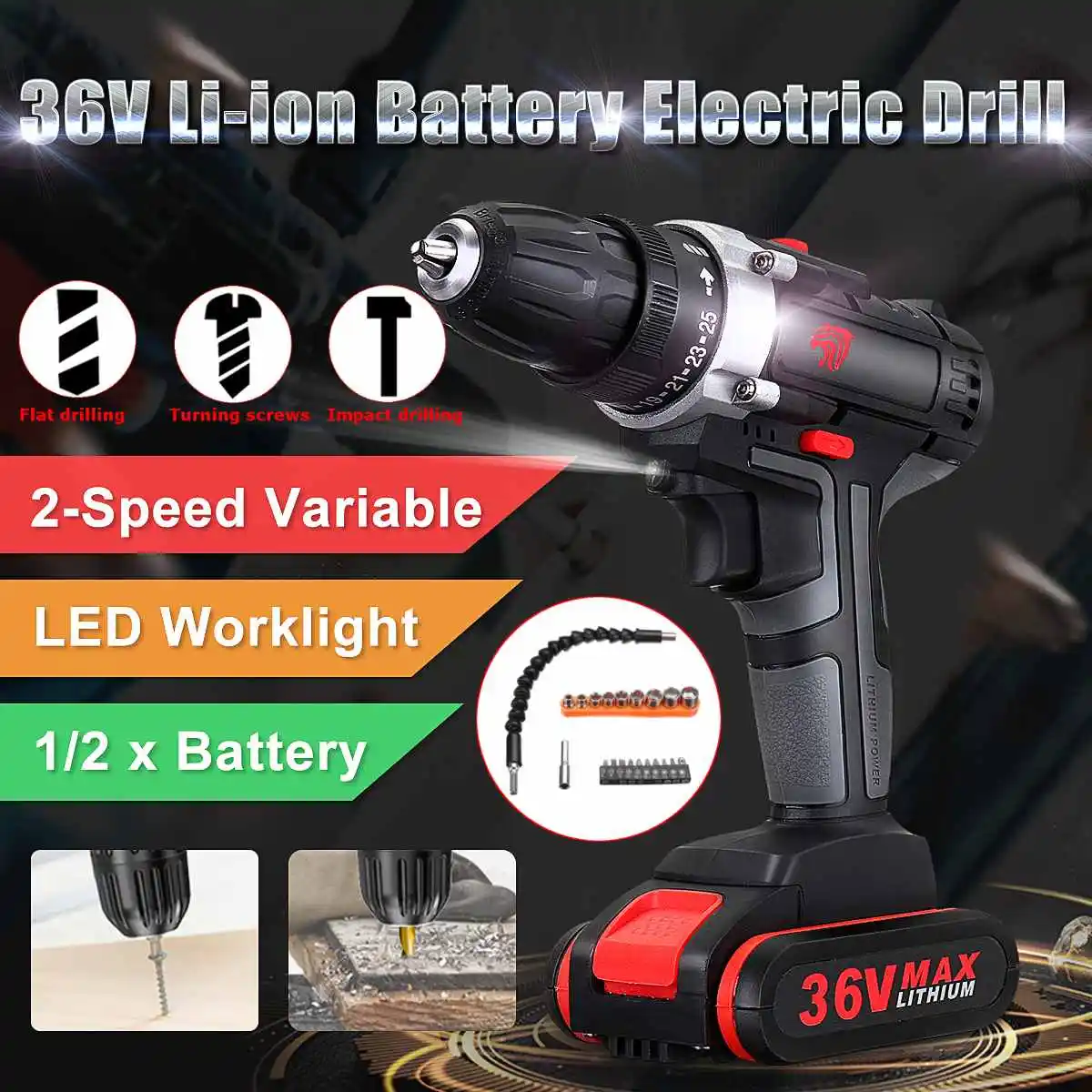 

36V Cordless Electric Drill Double-Speed LED work lighting screwdriver drill Power Tools+1 set Screwdriver head tool set