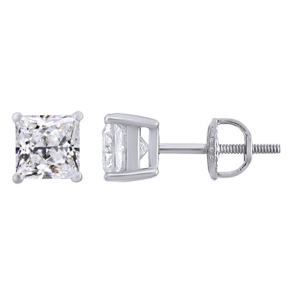 3/4 CT Princess Cut Natural Diamond 18K White Gold Stud Earrings With Screwback | Украшения и аксессуары