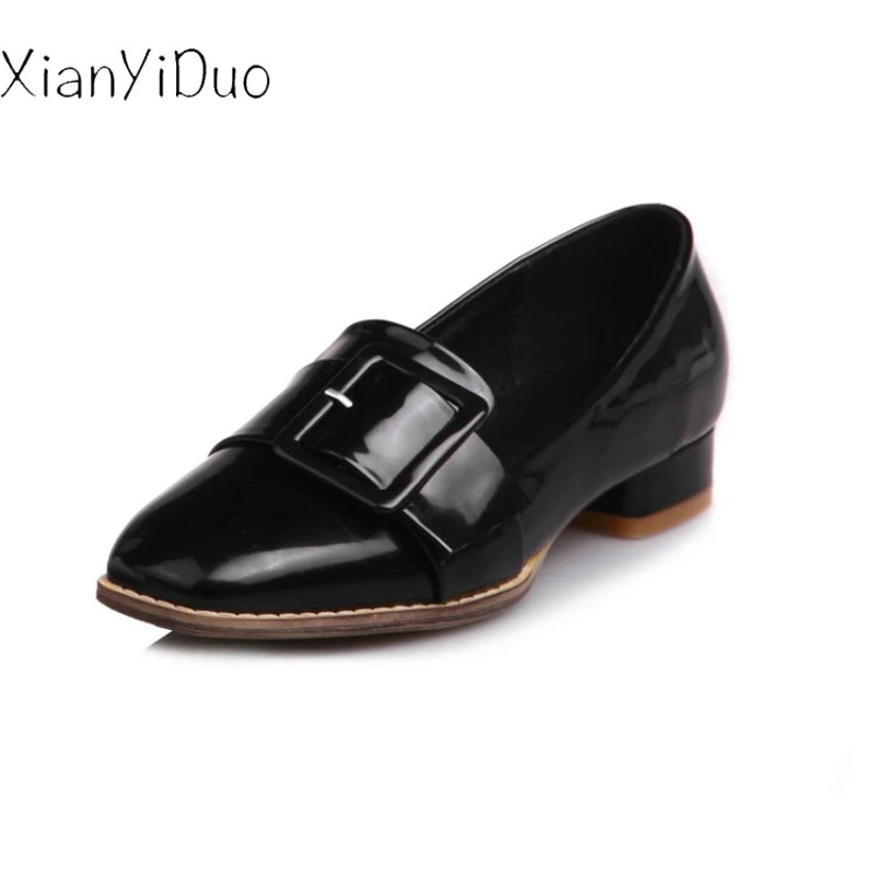 

xianyiduo 2019 Spring Leisure Women's Shoes Square Toe low Heel Pumps Metal Decoration big size plus size 40-48 White /V155