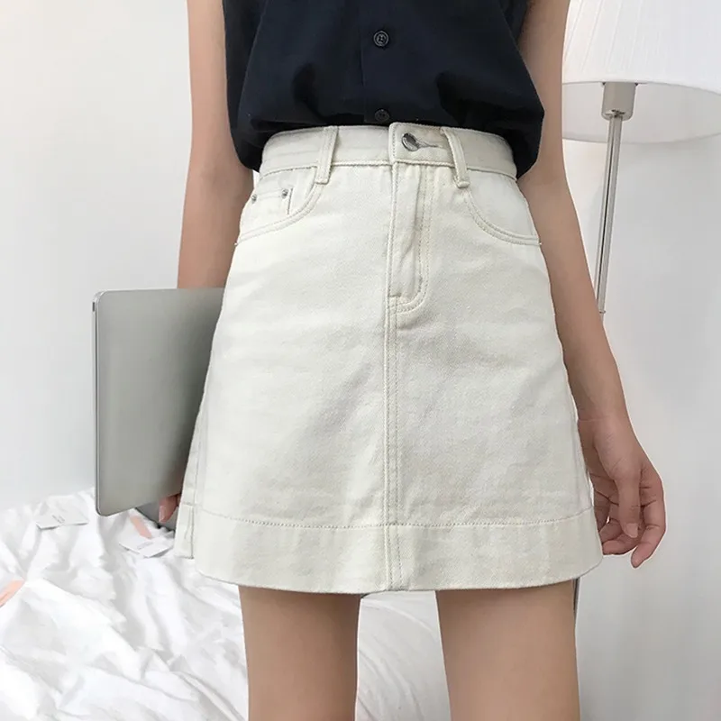 

New 2019 Summer Sexy Womens Vintage A-line Jeans Skirt Pocket High Waist Denim Skirt Female Ladies Falda Jupe