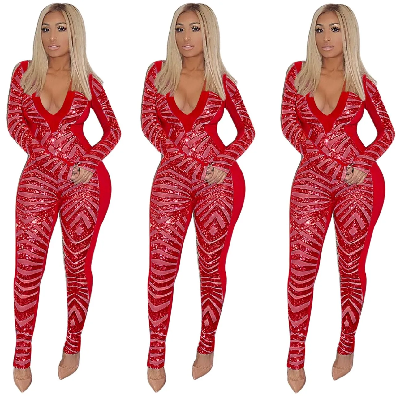 Women Deep V Neck Sparkly Sequin Jumpsuit Skinny Long Sleeve Glitter Bodycon Jumpsuits Sexy Rompers Club Party Jumpsuits