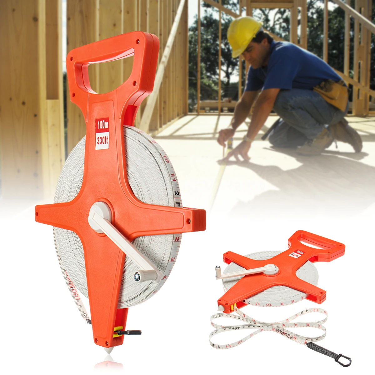 100M Surveyor Builders Handle Fiberglass Measure Tape Open Reel
