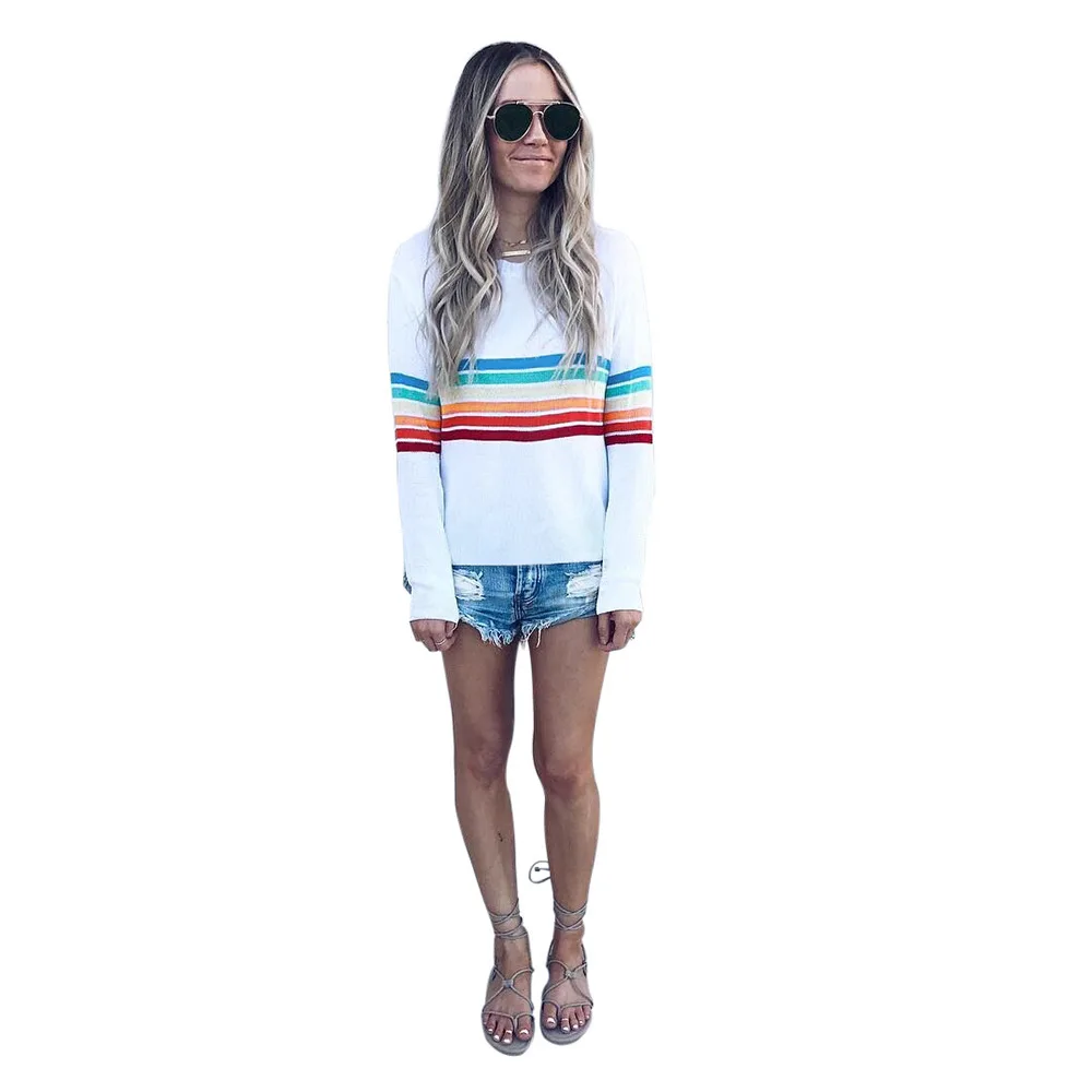 

Color Block Stripe T-Shirt Rainbow O Neck Long Sleeve Basic Tshirt Women's Top Ladies Casual Black White T-Shirt