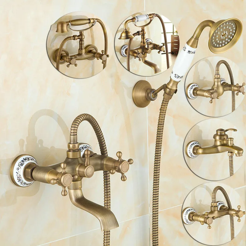 Antique Brushed Brass Bath Faucets Wall Mounted Bathroom Basin