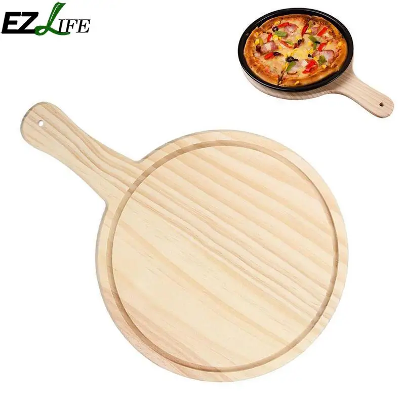 EZLIFE Wooden Pizza Board Round With Hand Pizza Baking Tray Pizza Stone