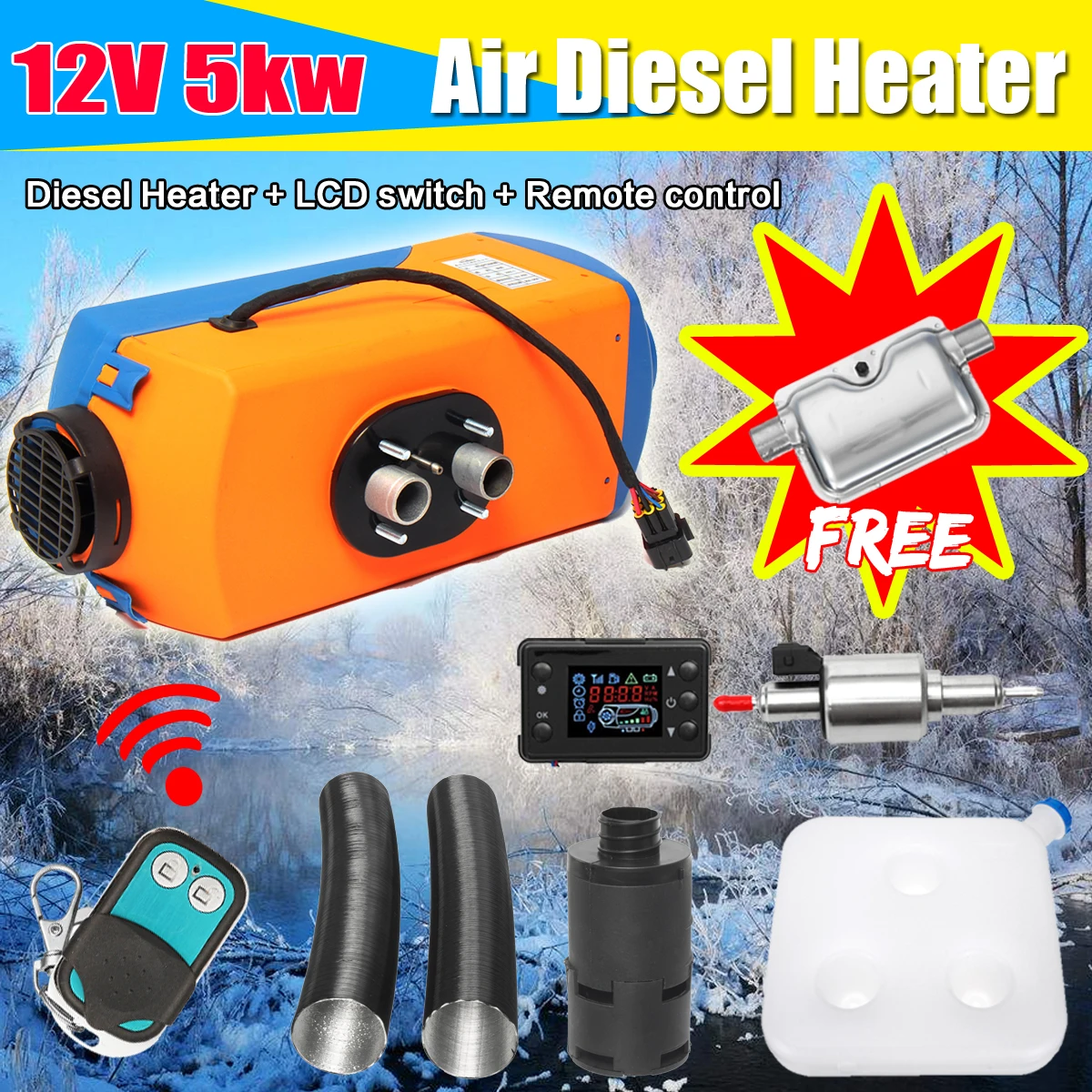 

5000W Car Heater 12V Caravan Parking Heater Diesels Heater + LCD Screen Switch + Silencer + 10L Tank for Motorhome Truck Heating