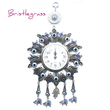 

BRISTLEGRASS Turkish Blue Evil Eye Quartz Wall Clock Feather Flower Hand Elephant Hanging Pendant Amulets Lucky Charm Home Decor