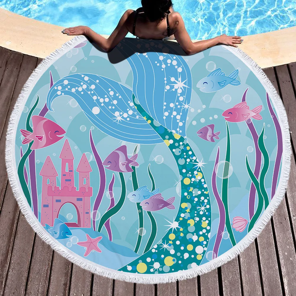 

Mermaid Tail Round Beach Towels For Kids Microfiber Towel Pink Mermaid Fish Seaweed Large Toallas 150cm Yoga Mat Serviette Plage
