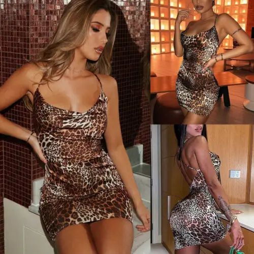 

Women's Summer Leopard Sleeveless Backless Bodycon Dress Slim Fit Party Cocktail Night Club Mini Dress