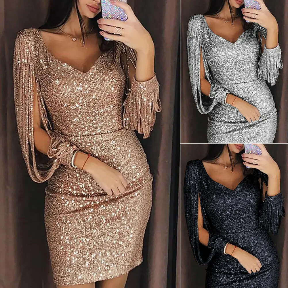 

New Summer Women slim Sexy Women Sequin Tassels Bandage Bodycon Evening Party Club long sleeve V neck Party Short Mini Dress