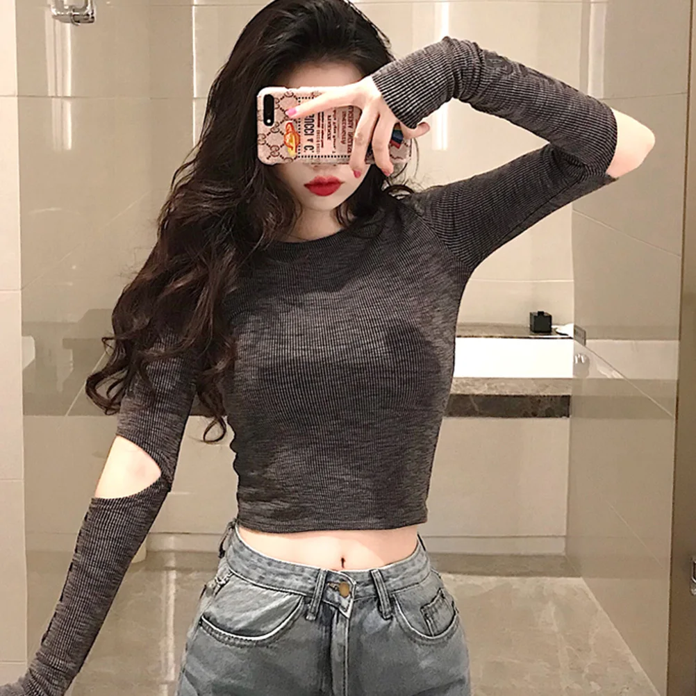 

Sexy Knitted Shirt Women O-Neck Long Sleeve Casual Slim Shirt Skinny Short Top Chic Hollow Out Short Tops Tee