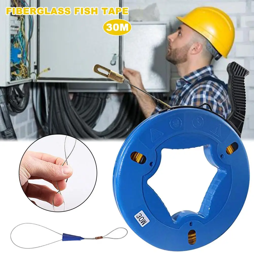 

30M Fiberglass Wire Cable Fish Tape Fiberglass Wall line Reel Fishtape Puller Blue Fish-shaped Metal Wall-piercing Wire Tender