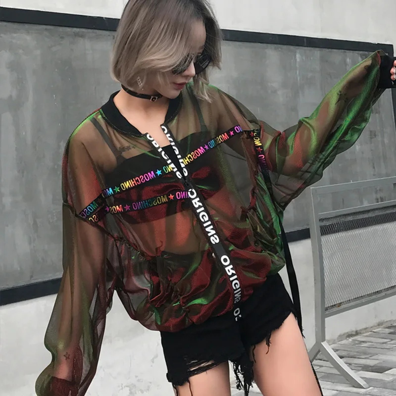 #3169 Sunscreen Transparent Jacket Women 2019 Summer Bat Sleeve Lurex Short Coat Female Ribbons Streetwear Hip Hop Windbreaker