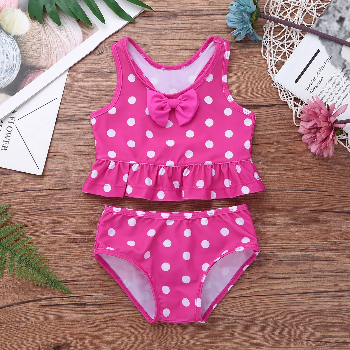 

Two Pieces Kids Girls Swimsuit Sleeveless Polka Dots Bow Ruffled Peplum Swim Tops Tankini Beach Swimwear Bikini Bathing Suit Set