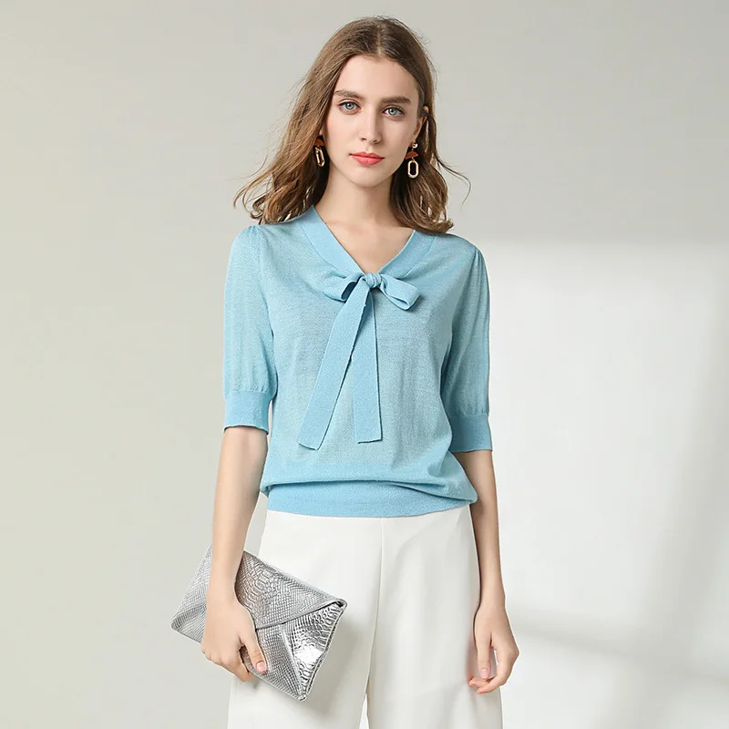 Knitting shirt woman light weight fabrics knitted shirt 93%Wool half sleeve bow sweater shirt women spring and summer 1913 Knitting shirt woman light weight fabrics knitted shirt 93%Wool half sleeve bow sweater shirt women spring and summer 1913