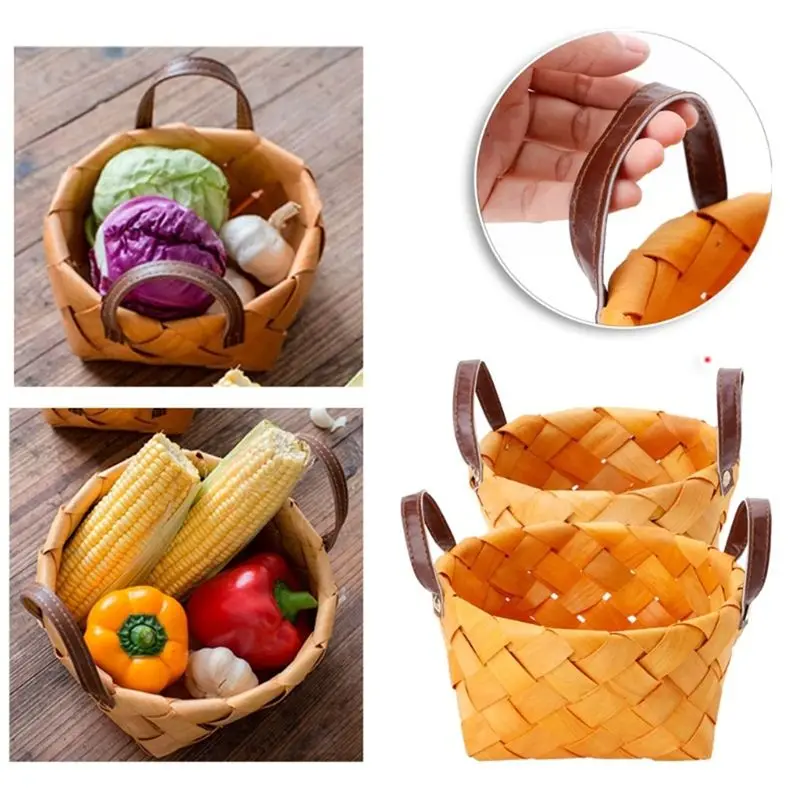 

Creative hand-woven round hand-held fruit basket Bread basket wood basket picnic storage storage basket basket