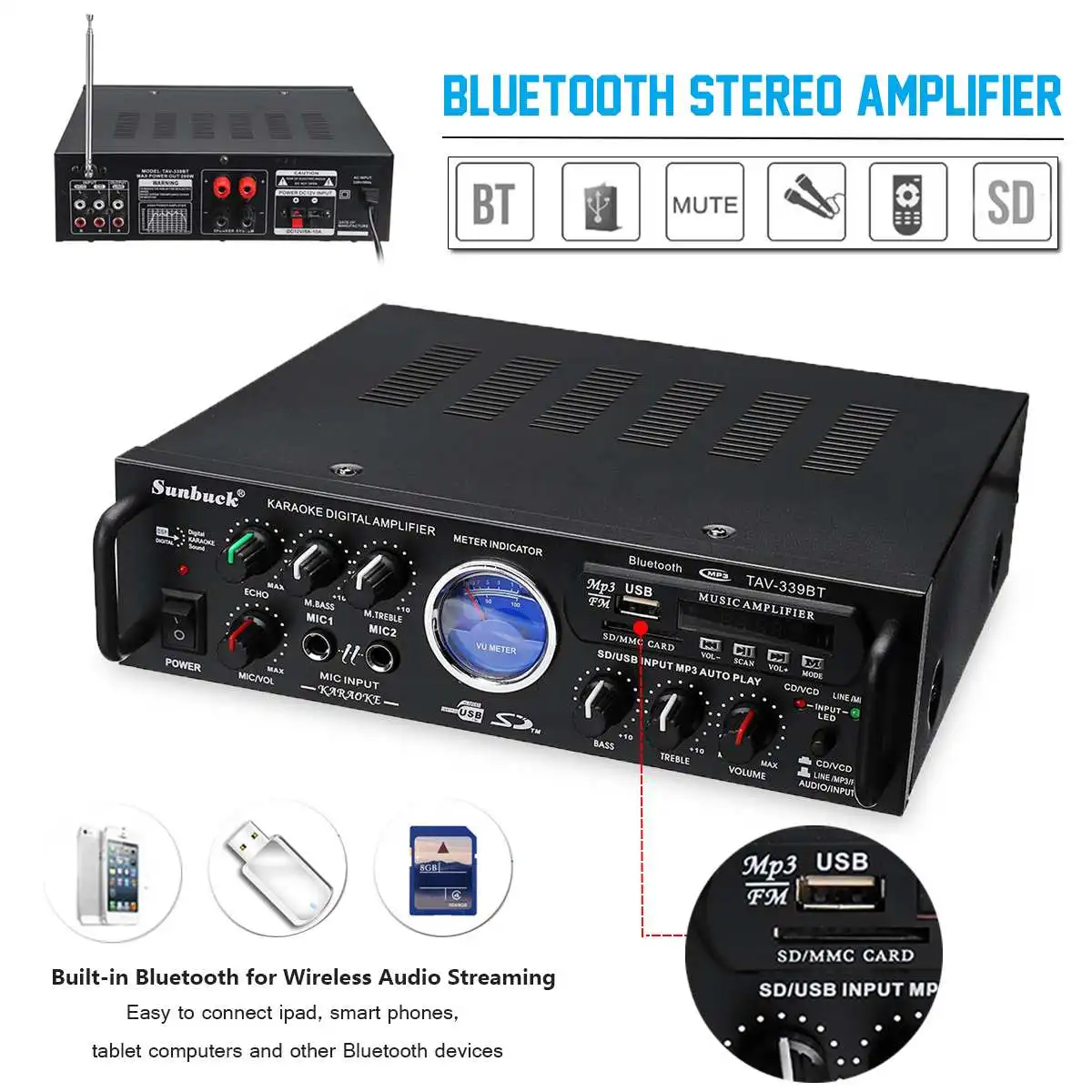 

Audio Stereo Receiver Amplifier 220V/12V bluetooth USB FM SD Mic Home Car With Remote Control Hi-Fi Karaoke 2 Vocal Tract