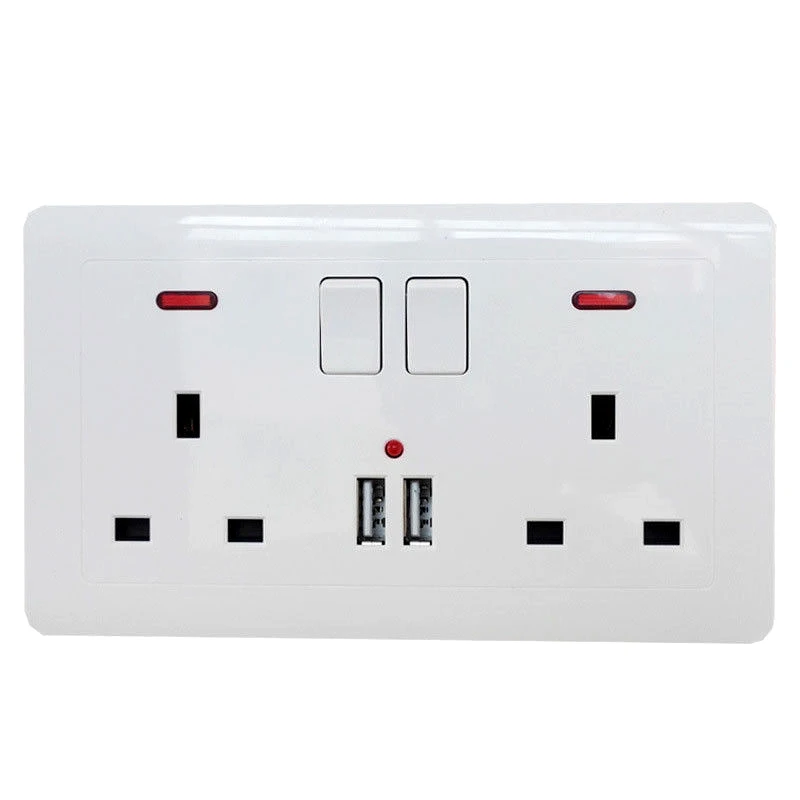 

2 Gang 13A Double Wall UK Plug Socket Multifunctional Socket Usage Electrial Outlet With 2 USB Charger Port Outlets Plate