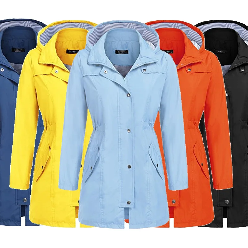 

New Style Leisure Waterproof Waist Hooded Long Coat Female a Large Number of Spot