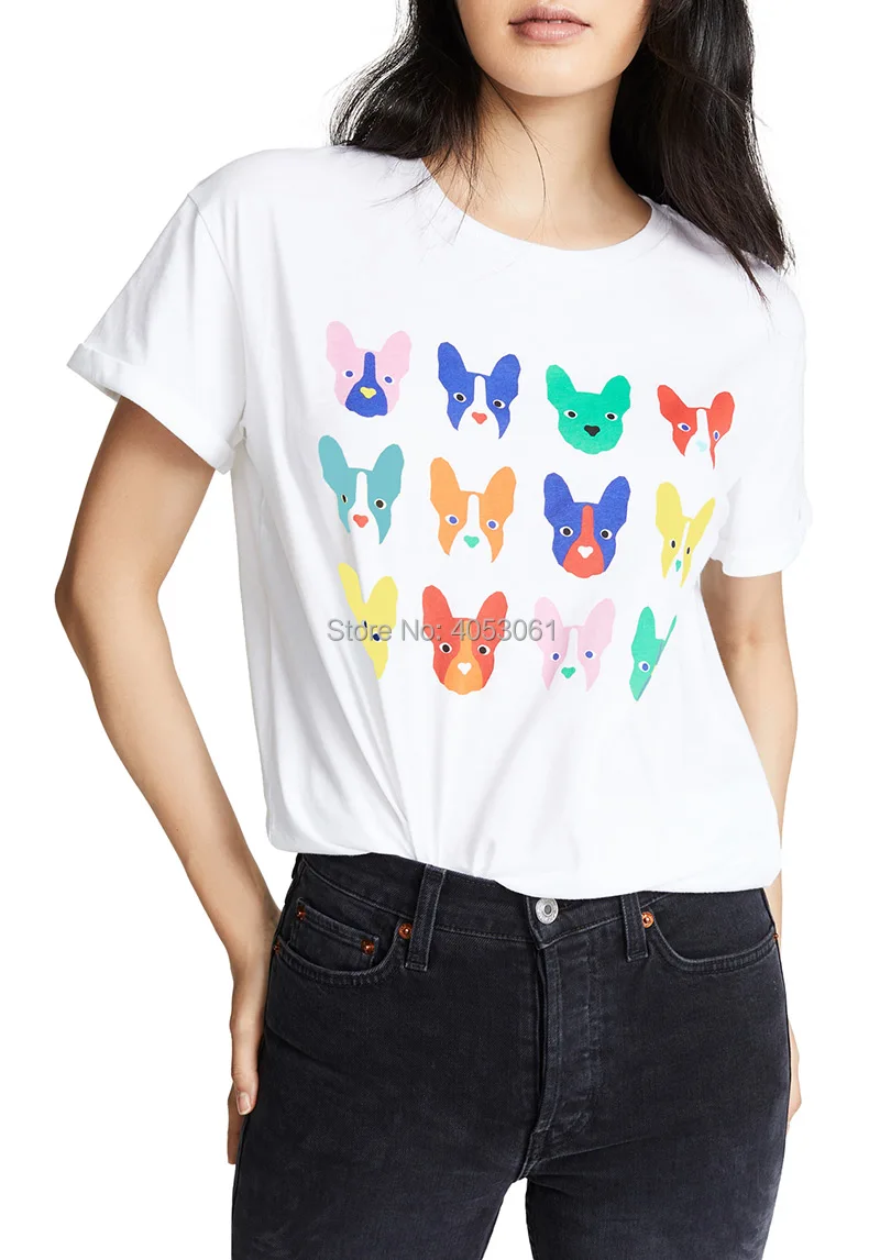 Cotton 100 White Short Sleeve Dog Print T Shirt 2019 Summer New Women