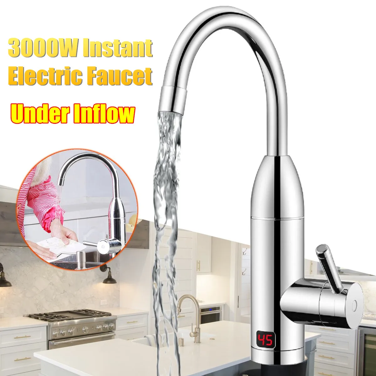 

Home 220V 3000W Instant Electric Faucet Tap Hot Water Heater Stainless Steel Under Inflow LED Display Bathroom Kitchen
