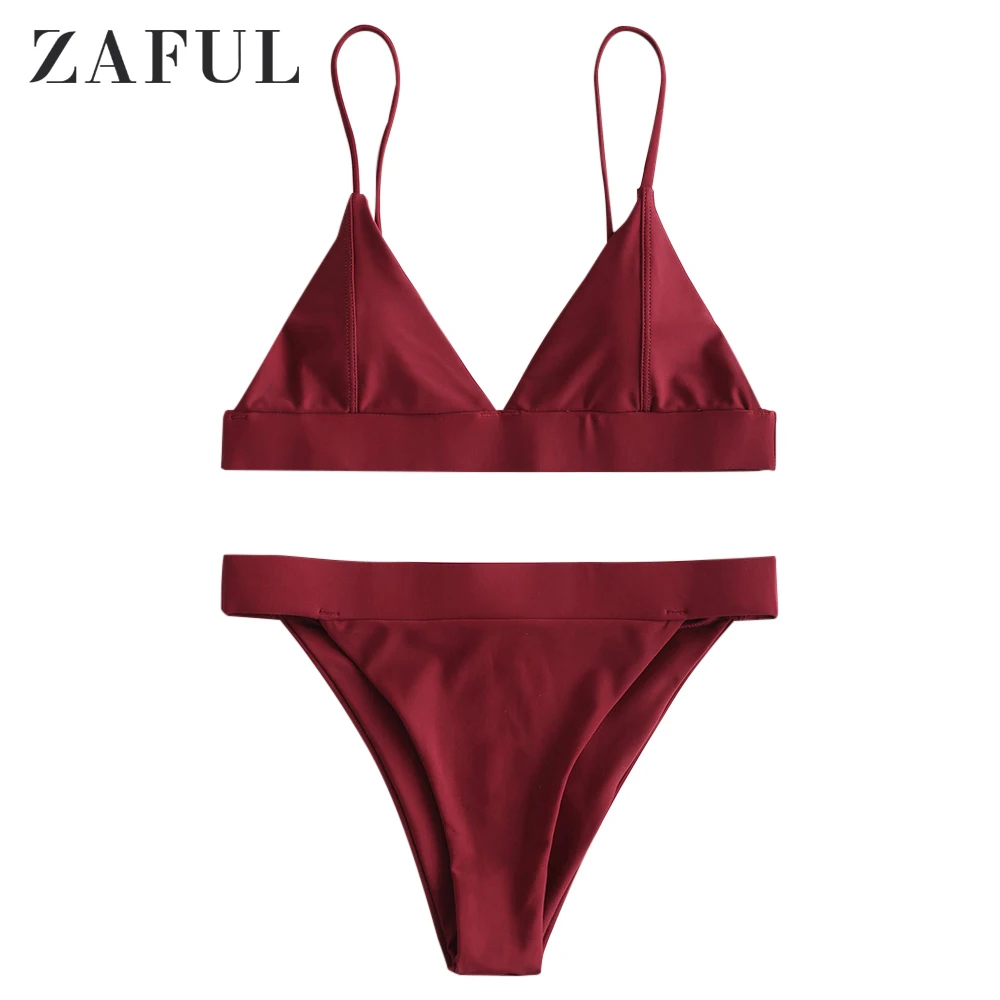 

ZAFUL Sexy Plunging Neck Thong Bikinis Set Underwired Plunge Bathing Suit Spaghetti Straps Padded Female Swimsuits High Cut Suit