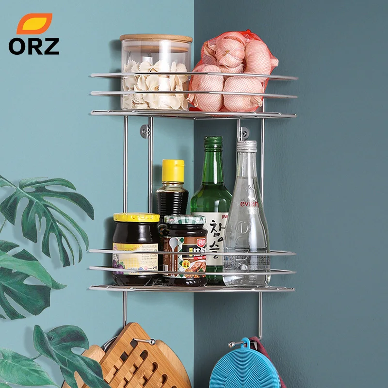 

ORZ 2-Tier Kitchen Storage Corner Shelf Wall Mounted Bathroom Organizer Shelf Spice Rack Shower Caddy Home Storage Organization