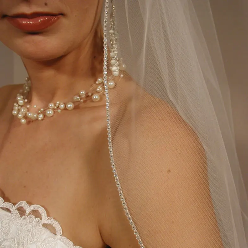 

Veu De Noiva Layer One White Ivory Sheer Wedding Veil Elbow Length 30" Long Rhinestones Edging Bridal Veil with Comb