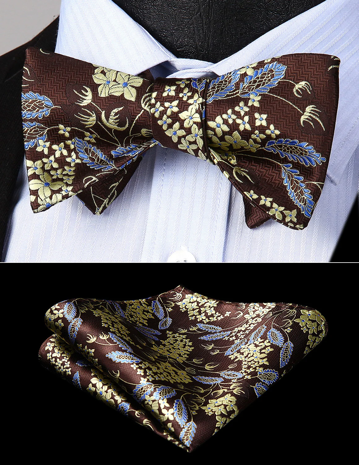 Party Wedding Bow Tie handkerchief set Brown Mens Classic Floral Self