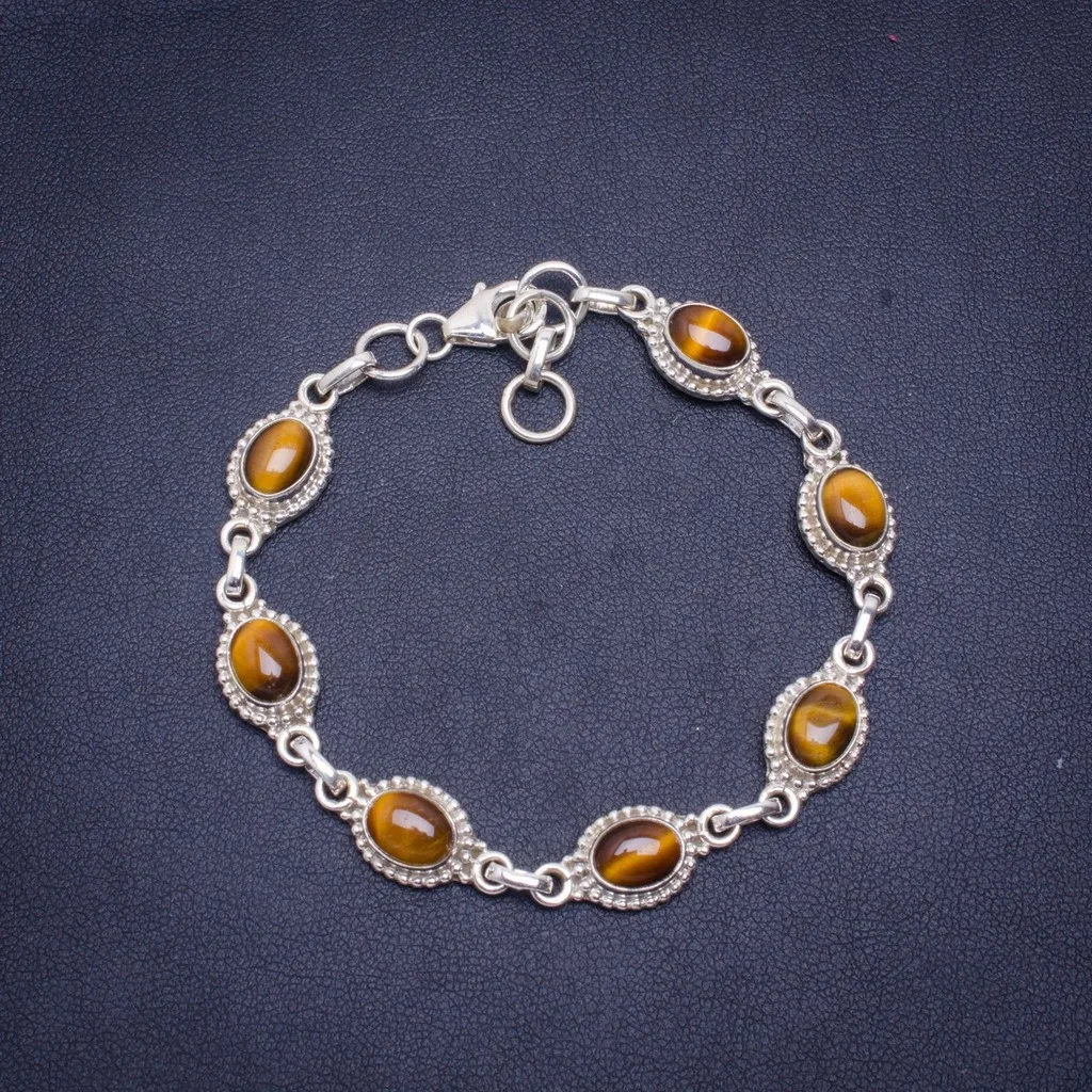 

Natural Tiger Eye Handmade Unique 925 Sterling Silver Bracelet 7-8" A3019