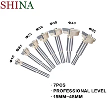 7PCS 15mm-45mm Forstner Tips Woodworking Tools Hole Saw Cutter Hinge Boring Drill Bits Set Round Shank Tungsten Carbide Cutter