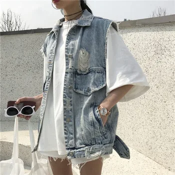 

Spring Autumn Boyfriend Denim Vest Women Single Breasted Sleeveless Jean Ladies Casual Loose Vest Elegant Women's Hole Coats