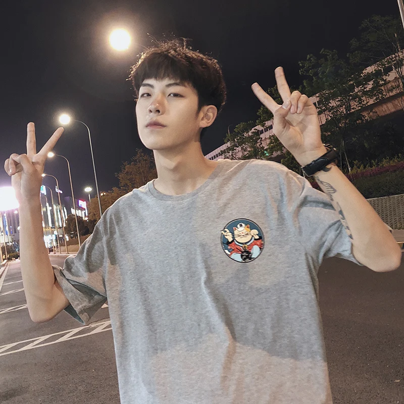 2019 Summer top Men's New Pattern Fashion Trend Cartoon Printing Student Grey/white Color Cotton Clothing Loose T-shirts tshirt