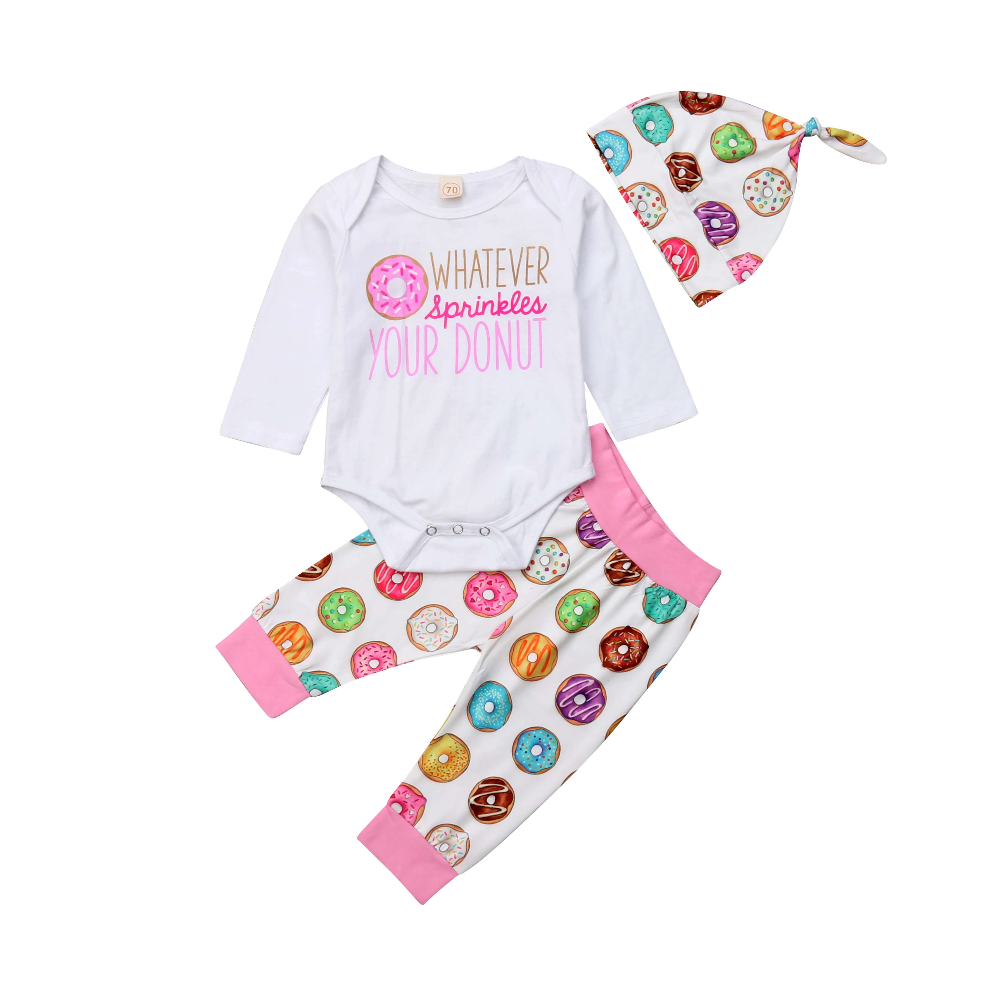 3Pcs Clothing Set Newborn Kid Baby Girl Romper Cute Donut Bodysuit Long