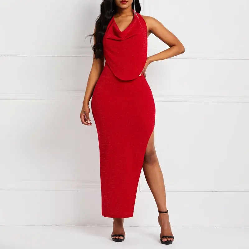 

2019 New Backless Party Sexy Bodycon Dress Summer Women Halter Evening Sleeveless Split Red Sequins Shiny Fashion Long Dresses