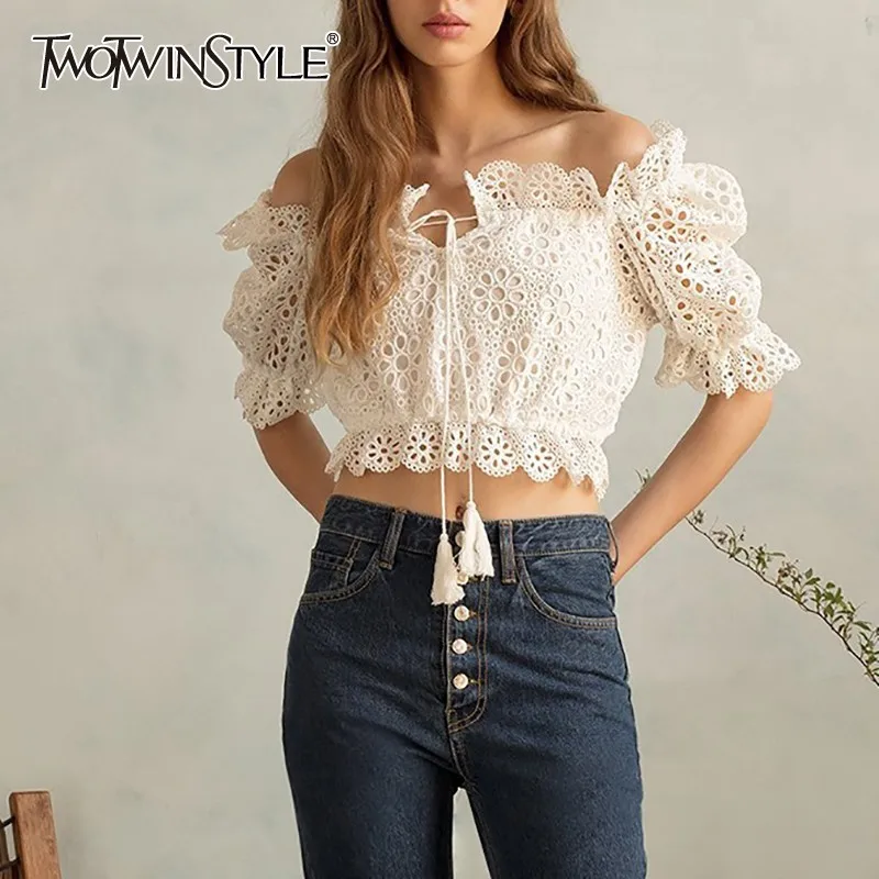 

TWOTWINSTYLE Solid Casual Women Blouse Slash Neck Puff Sleeve Tassel Bandages Hollow Out Crop Tops Female Spring 2019 Fashion