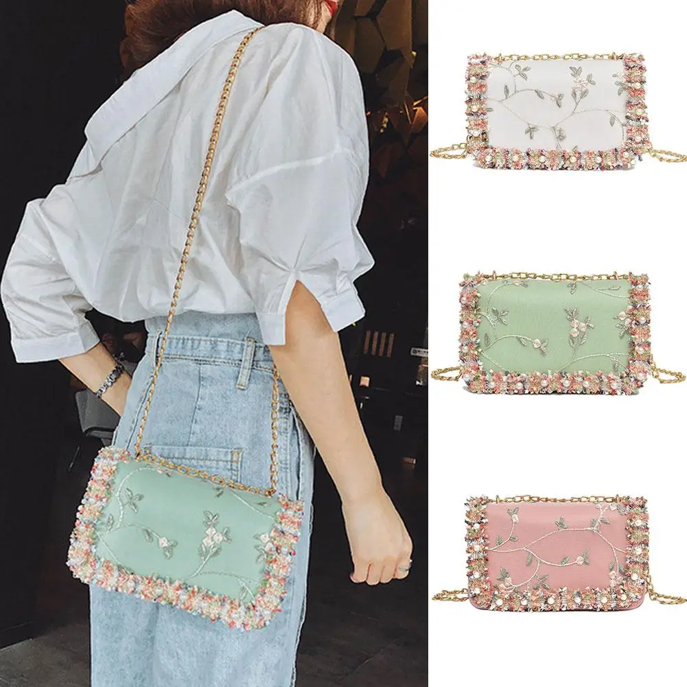 PinShang Women Elegant Lace Flowers Single Shoulder Bag Portable Casual All-match Chain Bag