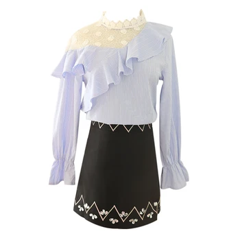 

Korean Fashion Embroidered 2019 Spring New Western Style Suits Skirt Splicing Lace Long Sleeve Top Outfit Brand Design Vestidos