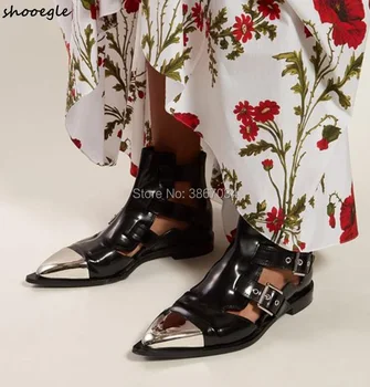 

SHOOEGLE 2019 Runway Shoes Women Gladiator Buckle Strap Boots Cut Outs Flats Pointy Toe Ankle Boots Sandals Party Casual Sandal
