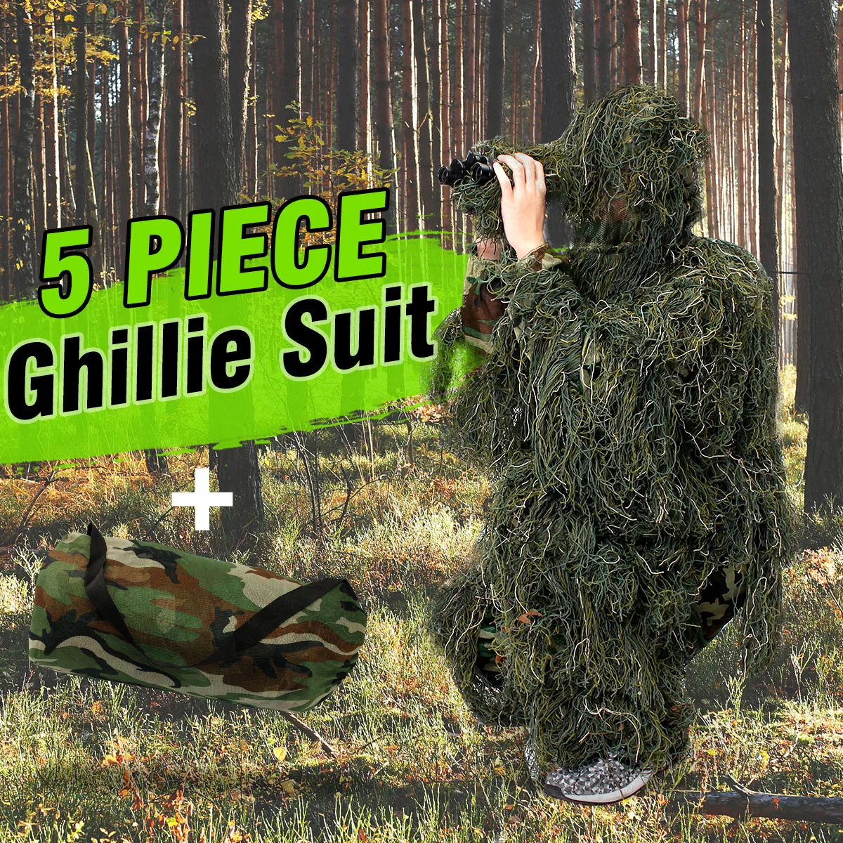

5pcs/set Ghillie Suit Woodland Camo Camouflage Durable Polyester Clothing 3D Rifle Wrap Hunting Size clothes