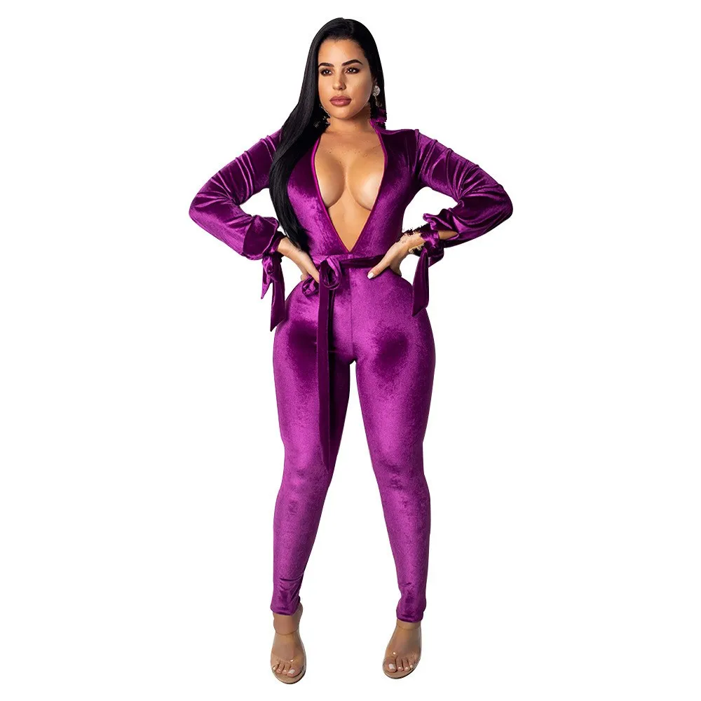 

Autumn Winter Women Deep V-Neck Velvet Bandage Rompers Bow Skinny Jumpsuit Long Sleeve Sexy Rompers