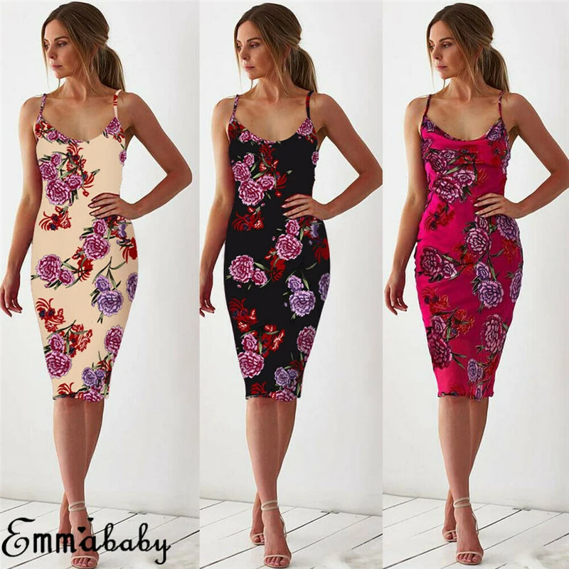 

Women Boho Knee Length Dress Summer Beach Cocktail Party Floral Sundress