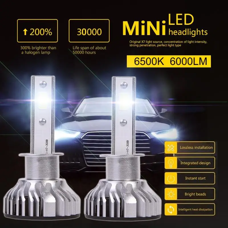 VODOOL 1 пара H1 H4 H7 9006 мини COB светодиодный лампы для автомобильных фар 45 Вт 6000LM