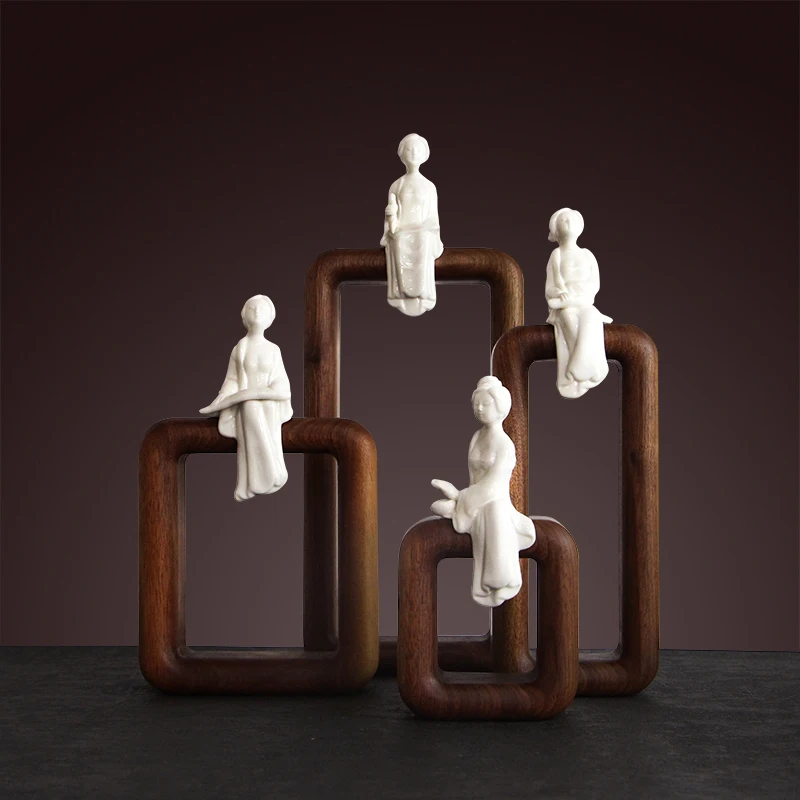

Natural wood Ceramic Lady desktop decorations ornaments creative characters crafts Zen soft home decoration furnishings