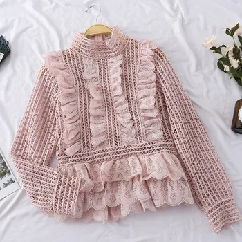 

New Women Lace Hollow Out Pleated Ruffled Blouses Casual 2019 Spring Stand Collar Sweet Shirts Solid Long Sleeve Tops